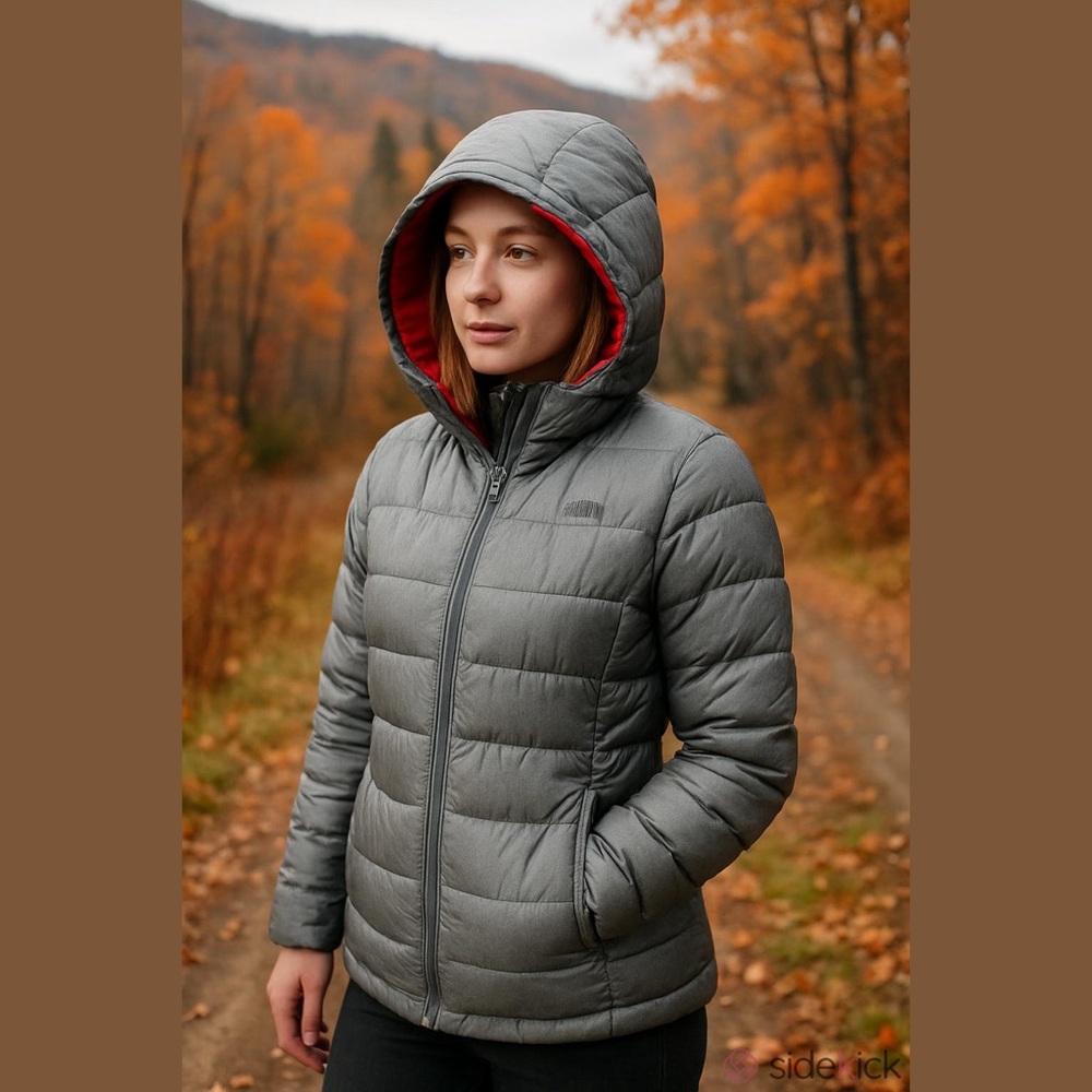 The North Face Gray Puffer Jacket with Red Lining